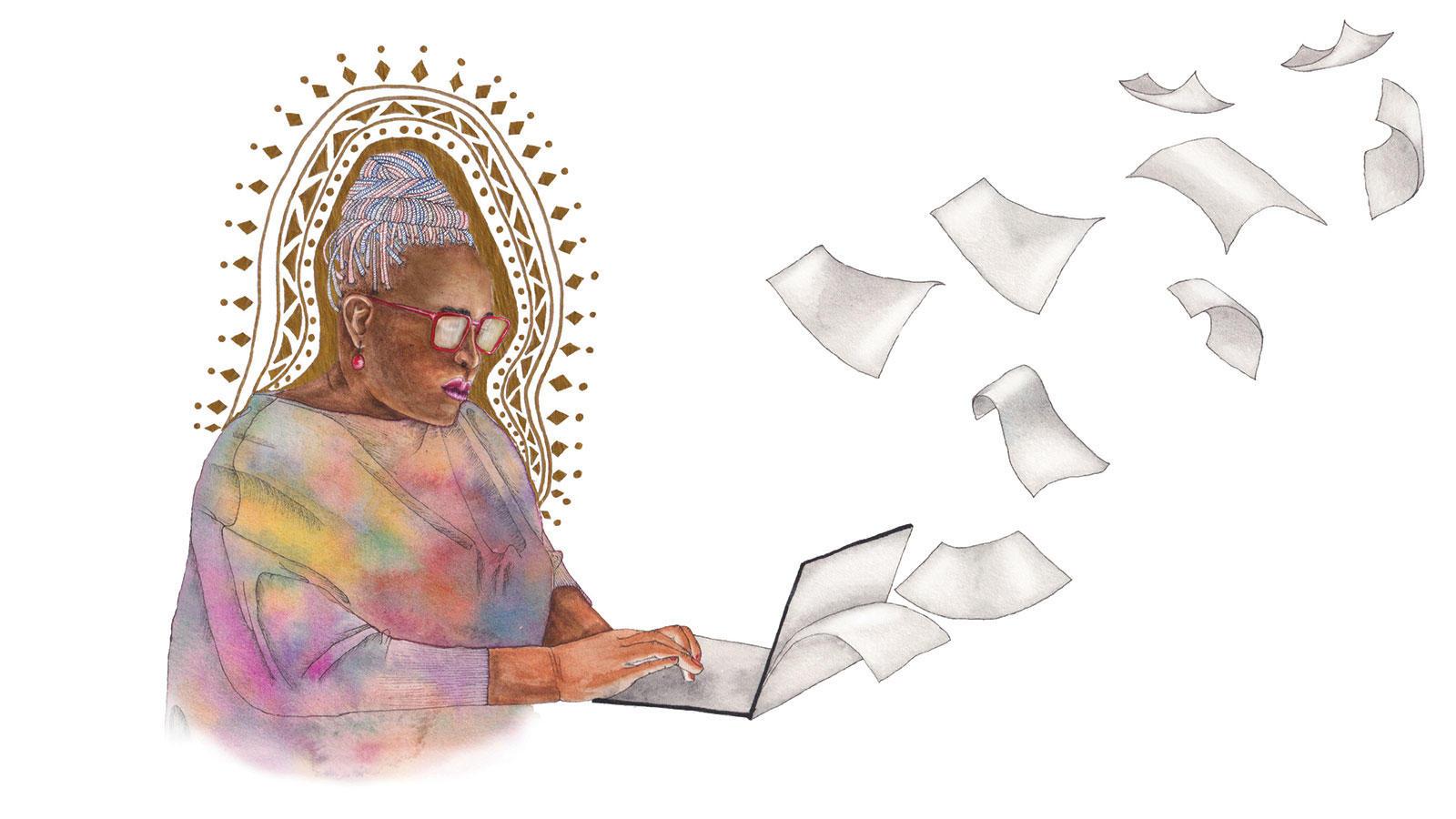 插图为Achiro P. Olwoch with a halo at laptop as sheets of paper fly from the computer representing ideas in flight